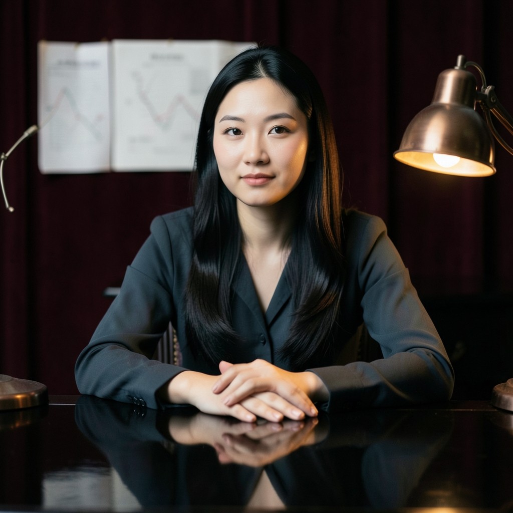 Portrait of Han Yeri seated at a lacquered desk with paper charts behind her