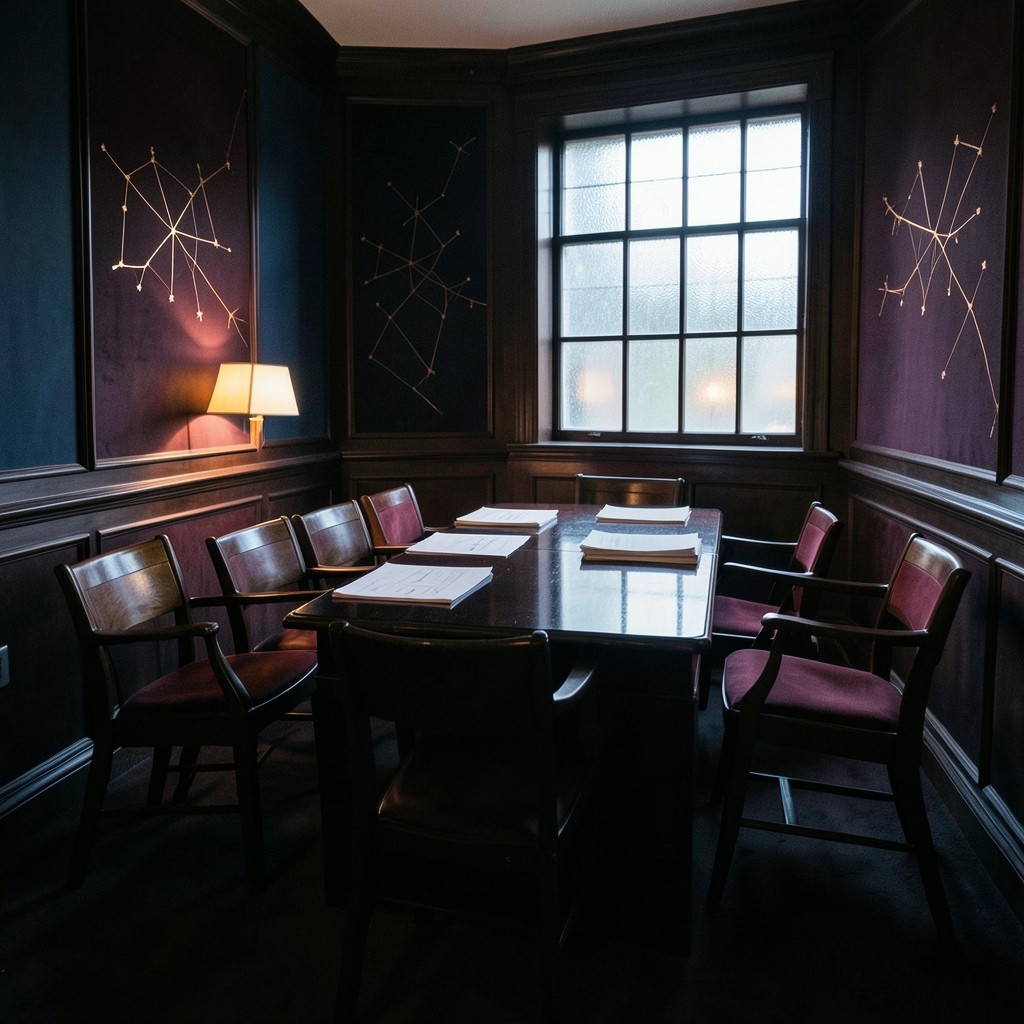 Wide view of a compact training room with eight chairs and a long table