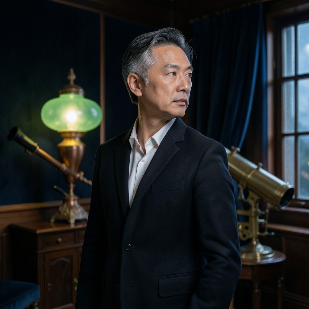 Portrait of Shin Junseo standing in a velvet-lined study beside a copper lamp