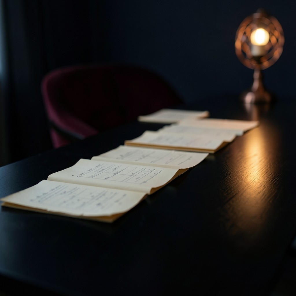 An instructor's table with several small paper charts arranged in a row under low evening light
