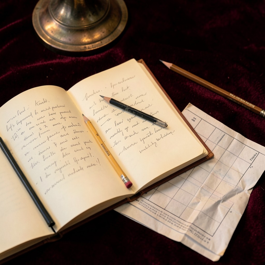 An open bound journal on velvet cloth beside a pencil and a folded paper chart