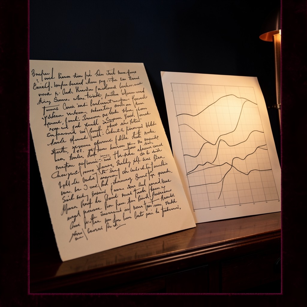 Two paper sheets side by side on dark wood, one a chart and one a handwritten page, under warm copper light