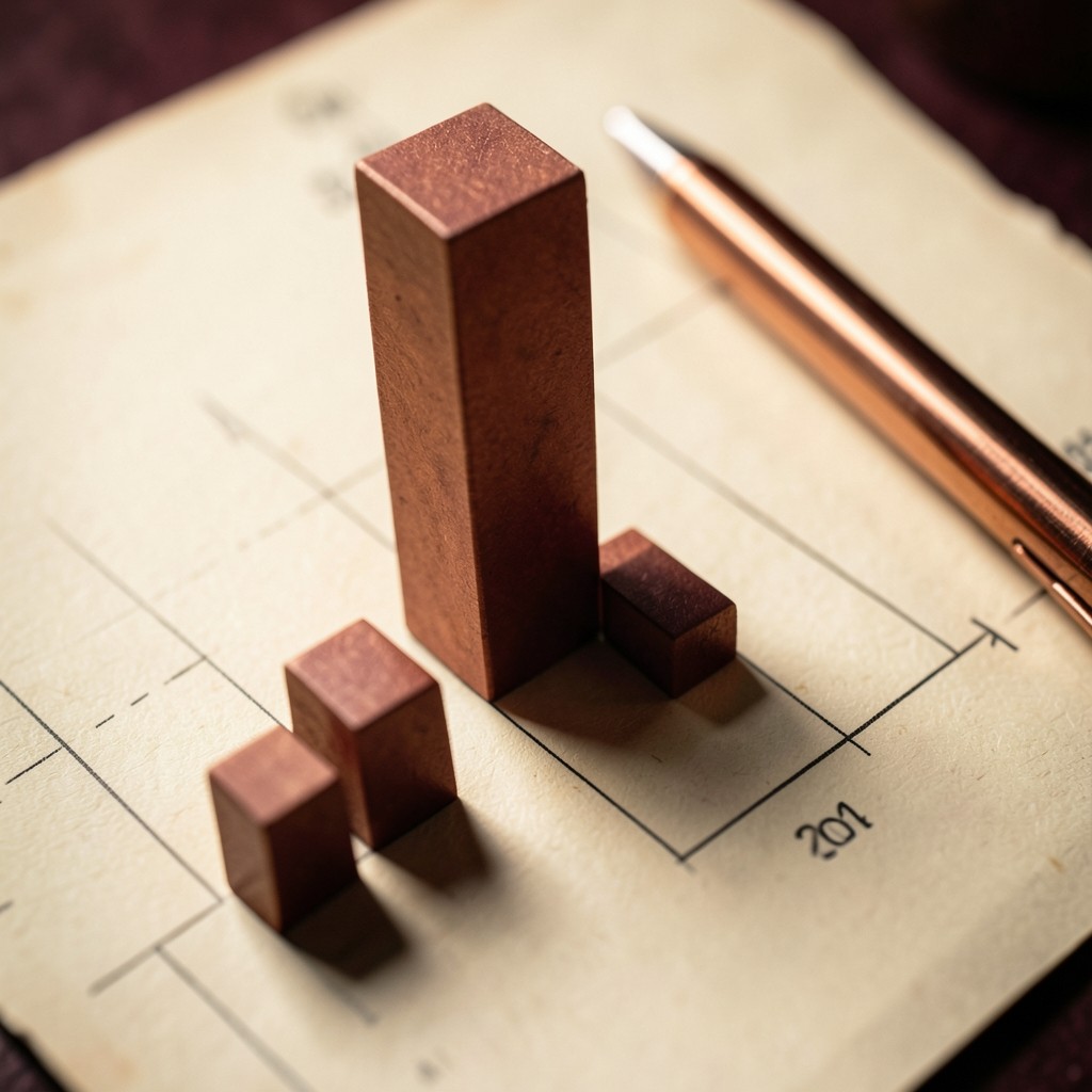 Close view of a paper price chart with a tall volume bar emphasized by a copper pen