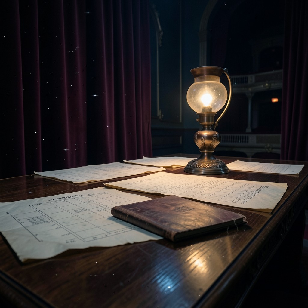 Evening study table in a velvet-lined room with paper price charts under a copper lamp