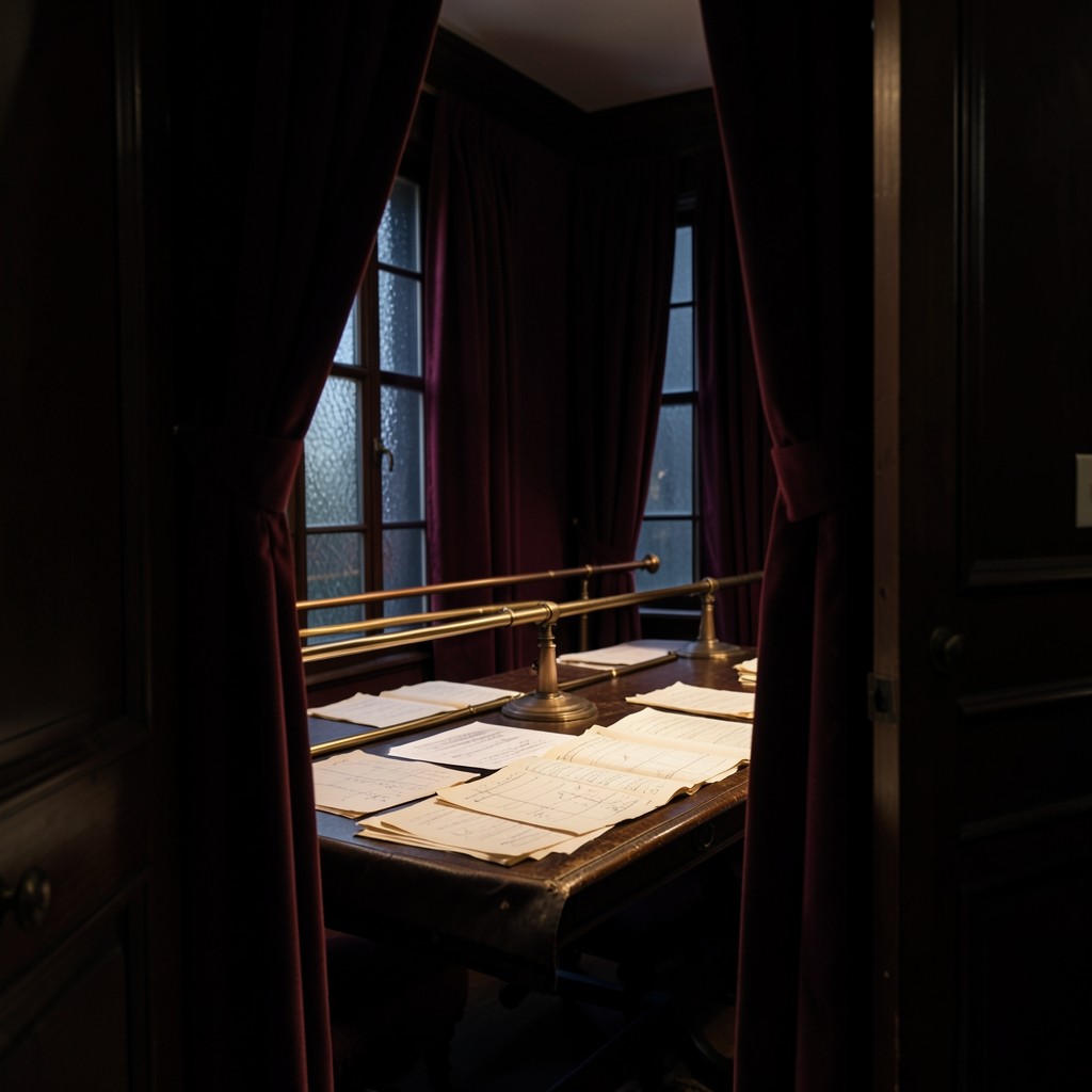 Doorway view into a velvet study with paper charts and a brass rail along the wall