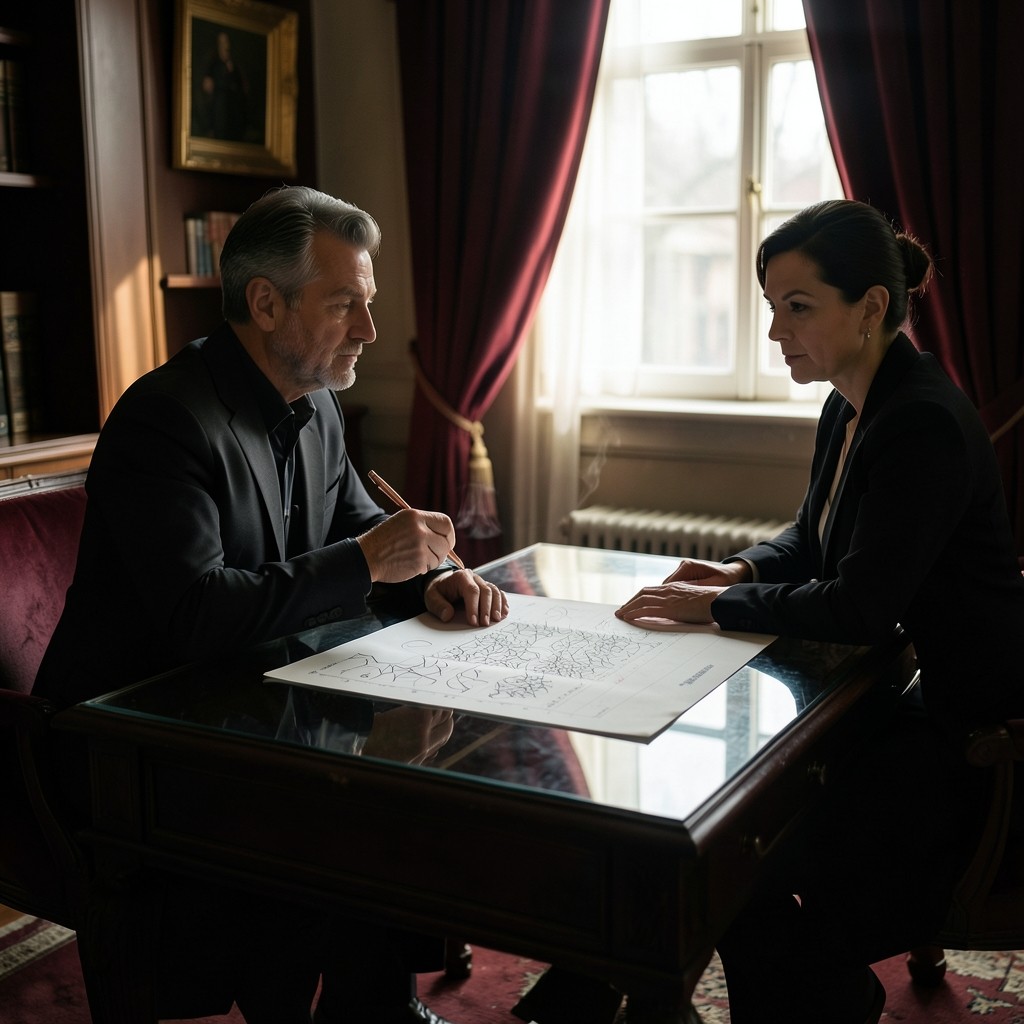 Two adults at a smoked-glass desk reviewing a paper chart under a copper lamp