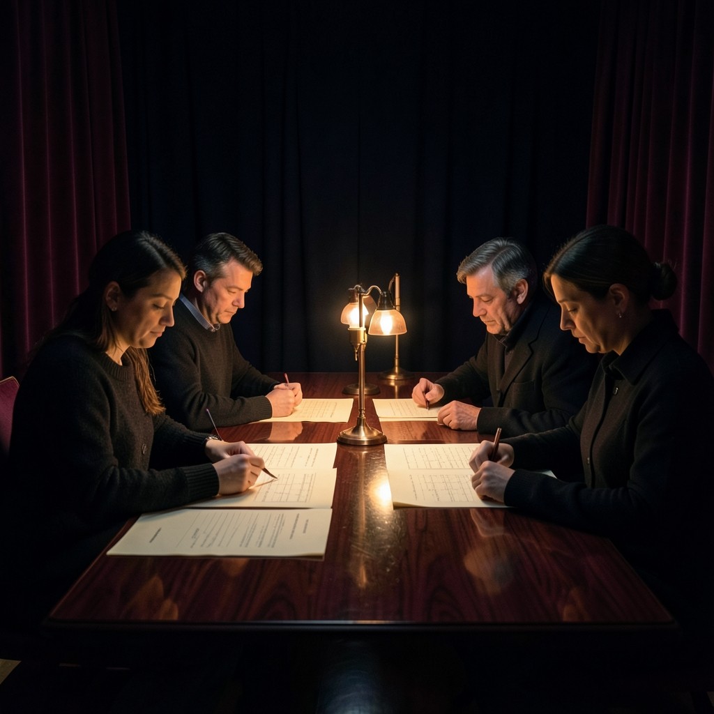 Adults seated at a long lacquered table studying large paper charts in a burgundy velvet room