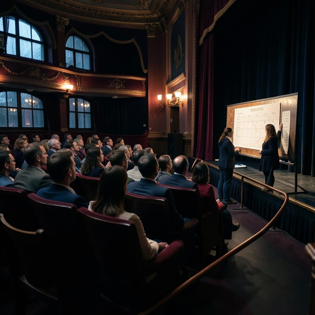 A small evening audience facing an instructor beside a large unlabelled chart in a velvet room