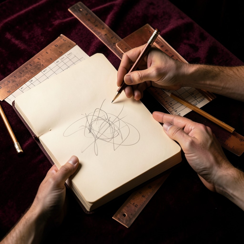 Hands writing in a journal beside a paper chart and a copper ruler on velvet cloth